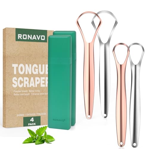 RONAVO Family Pack Tongue Scrapers for Adults & Kids - 2 Colors, 4 Pack, Stainless Steel Oral Hygiene Tool