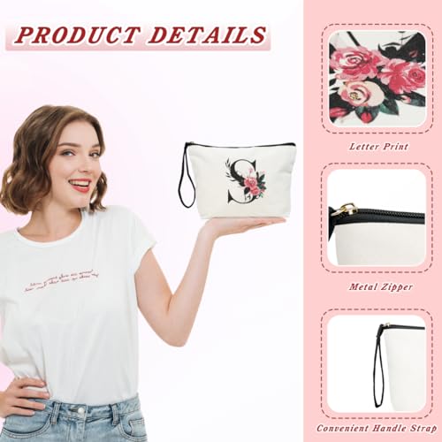 Personalized Floral Initial Makeup Bag for Women - Travel Cosmetic Pouch, White