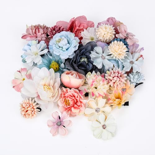 32 Pcs Handmade Flower Hair Clips - Pink & Blue Rose Barrettes
