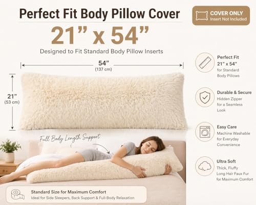 Reafort Luxury Faux Fur Body Pillow Cover 21x54in - Cream