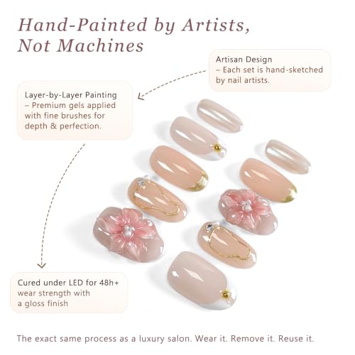 Short Oval Press on Nails - Nude Pink with 3D Floral Embellishments (S)