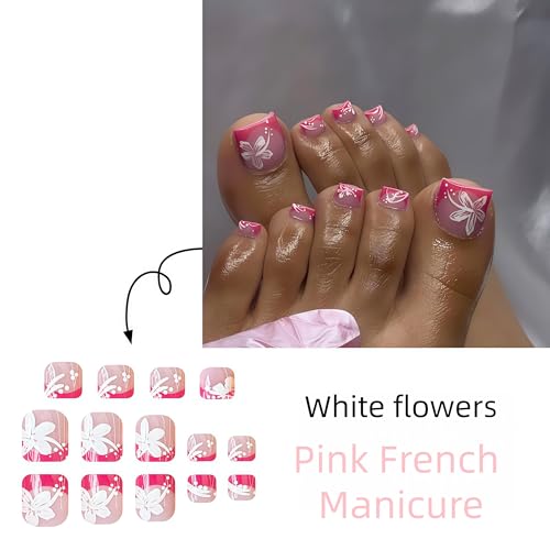 Sxidrosck White Hibiscus Fake Toenails - Pink French Tips, Short Square, Reusable Summer Floral Acrylic Toe Nails for Women