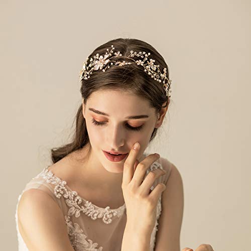 Oriamour Gold Bridal Hair Vine with Floral Pearl Design for Wedding