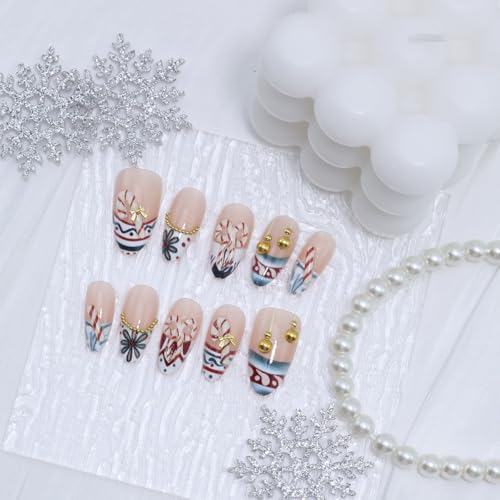 KRTBKR 24Pcs Christmas Press On Nails Medium Almond Fake Nails with 3D Candy Cane Design and Gold Beads