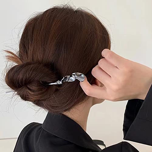2Pcs Chinese Hair Sticks for Women - Silver & Black Metal Hairpins
