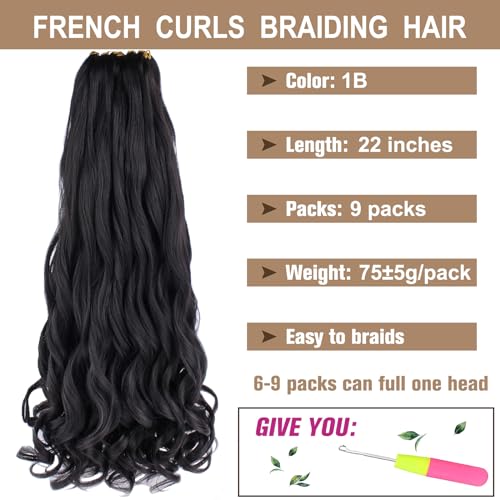 COOKOO 22 Inch French Curl Braiding Hair - 1B Black, 9 Packs Synthetic
