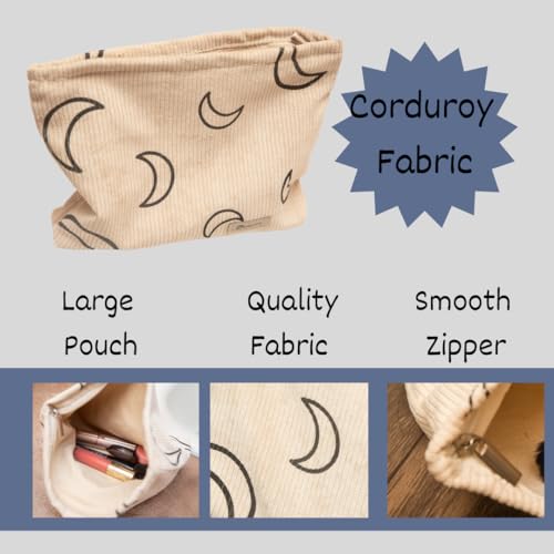 Beige Corduroy Moon Makeup Bag - Cute Boho Pouch for Teens