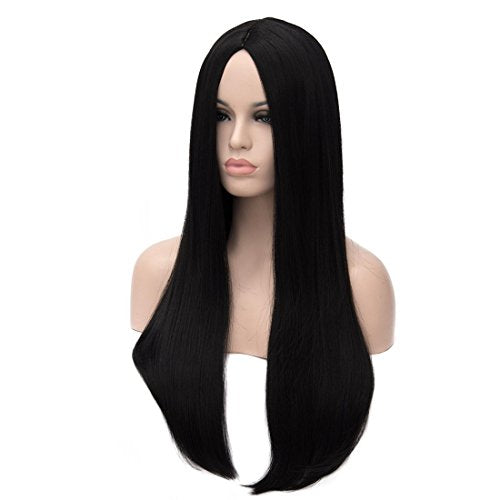 26 Inch Black Long Straight Wig for Women – Middle Part, Heat-Resistant Synthetic Hair, Adjustable Fit, Halloween & Cosplay Costume
