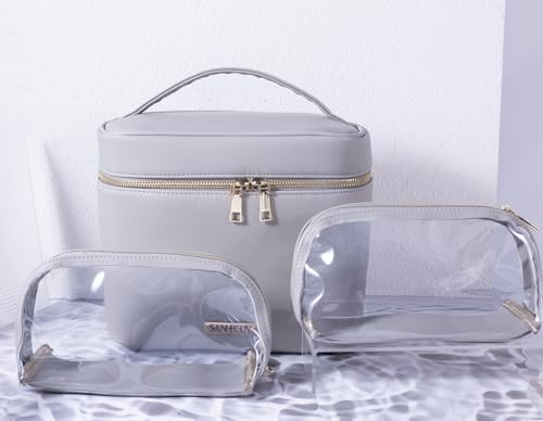 SANHECUN 3-Piece Grey Travel Cosmetic Makeup Bag Set with Organizer and Handles