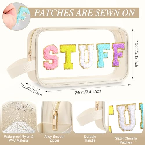 Kacctyen Beige Stuff Letter Makeup Bag with Zipper - Travel Pouch