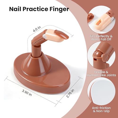Difenni Brown Practice Finger Set for Acrylic Nails with Base Stand & 100 Nail Tips - Manicure Training Tool for Home & Salon