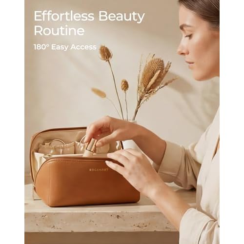 BAGSMART Makeup Bag Travel Cosmetic Bag, Large Make Up Bag Flat Open Toiletry Bag for Women, PU Leather Travel Essentials Organizer Case, Wide-open Pouch Purse for Skincare, Brushes, Classic Brown