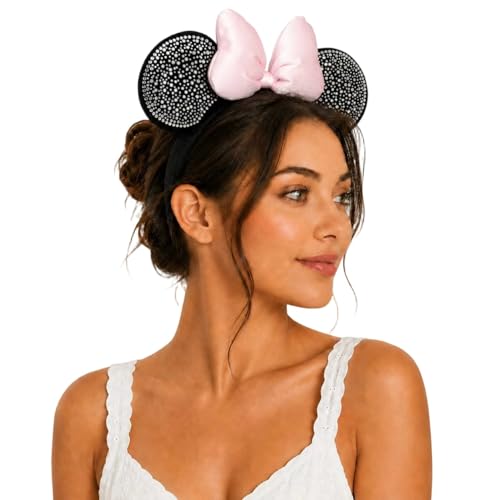 3D Velvet Mouse Ears Headband with Pink Satin Bow - 3DzuanPINK