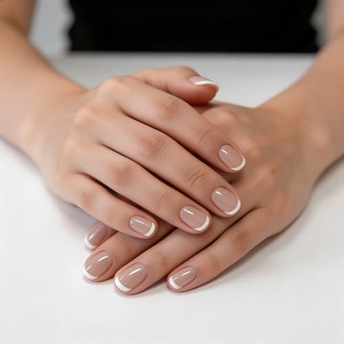 Short Almond Press on Nails - Nude White French Tip Acrylic Gel Nails