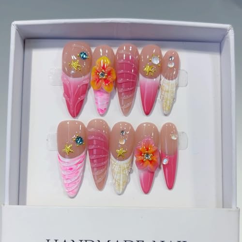EclatNail Handmade Stiletto Press-on Nails, Pink French Tip with 3D Flowers