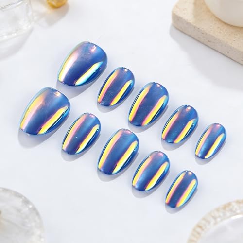 Aurora Blue Metallic Press-On Nails - Short Almond 24pcs