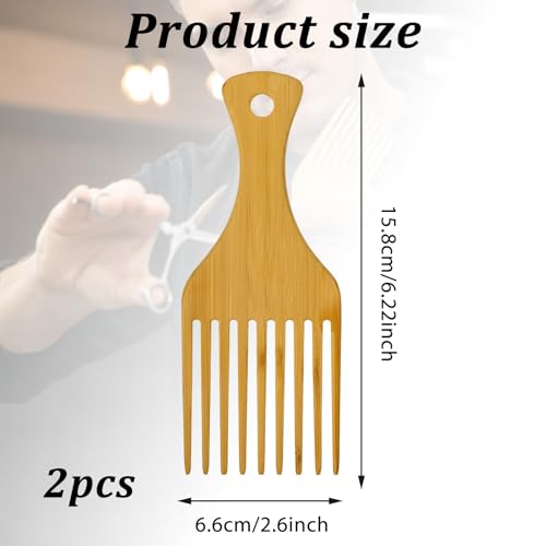 Bamboo Afro Hair Pick Comb Set - 2 Pack Wide Tooth Detangling Combs