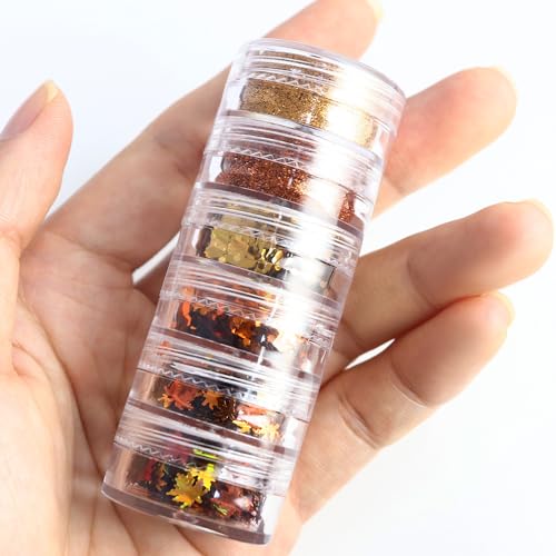 LPOODDNU Fall Gold Nail Art Glitters 6 Jars Autumn Leaves Nail Decorations