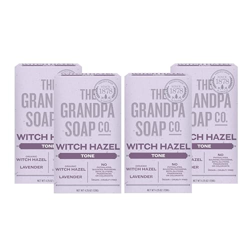 Grandpa's Witch Hazel Bar Soap with Lavender - Vegan Skin Toning Soap, 4-Pack
