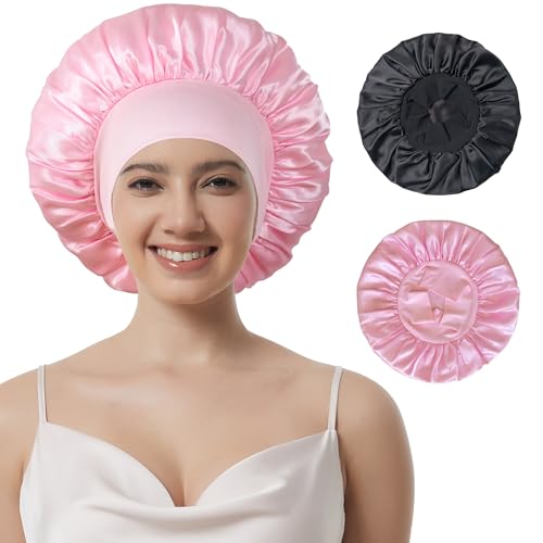 Large Satin Sleep Bonnets for Women - 2 Pack, Anti-Frizz Cap
