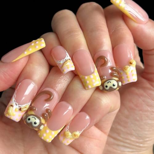 Handmade 3D Monkey Press On Nails - Medium Square French Tip Reusable Set