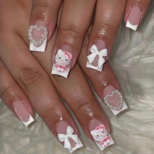 Pink 8 Pcs French Tip Press-On Nails Short Square Fake Nails with Pearls & Bows for Women