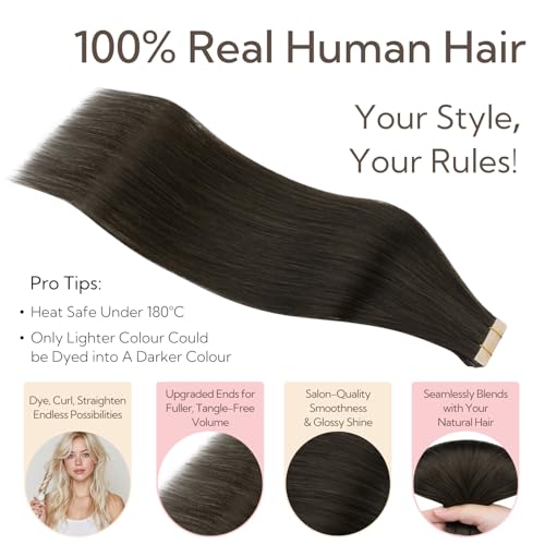 HOTBANANA 18" Tape-In Human Hair Extensions - Dark Brown, 20pcs 50g