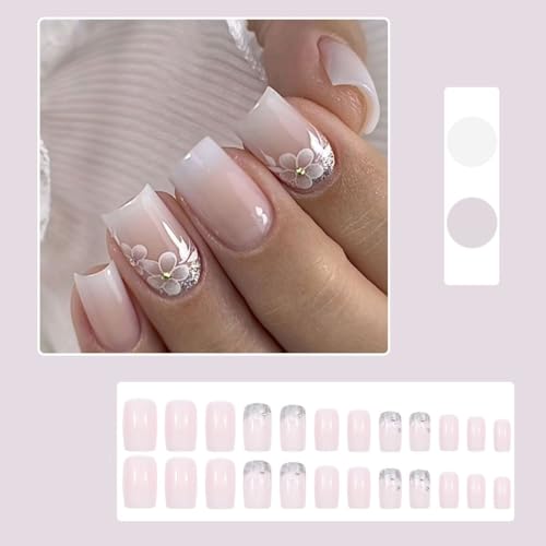Nailora Press On Nails - Rose Floral Ombre French Tip Gel Fake Nails