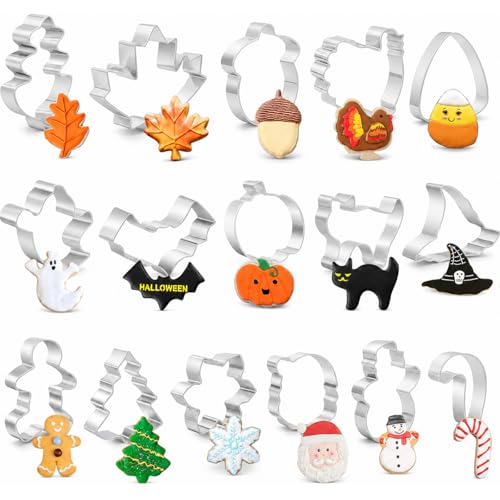 16 PCS Stainless Steel Holiday Cookie Cutters Set - Halloween, Thanksgiving, Christmas Shapes