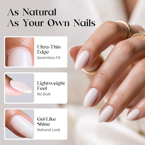 Beetles Milky White Press On Nails Kit - Short Almond Shape, 32Pcs