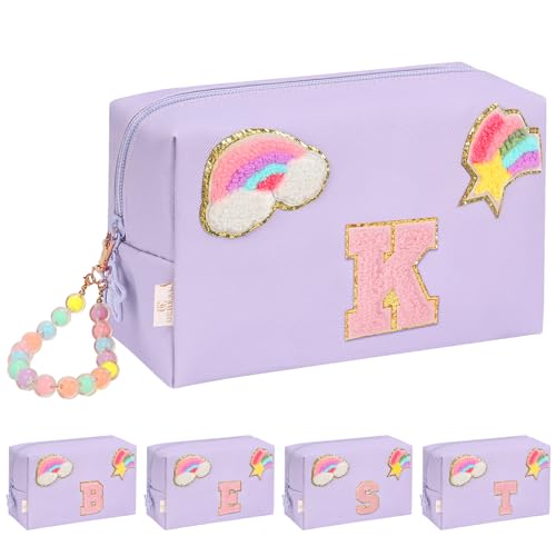 Onemoky Initial Makeup Bag with Chenille Patch, Personalized Travel Pouch