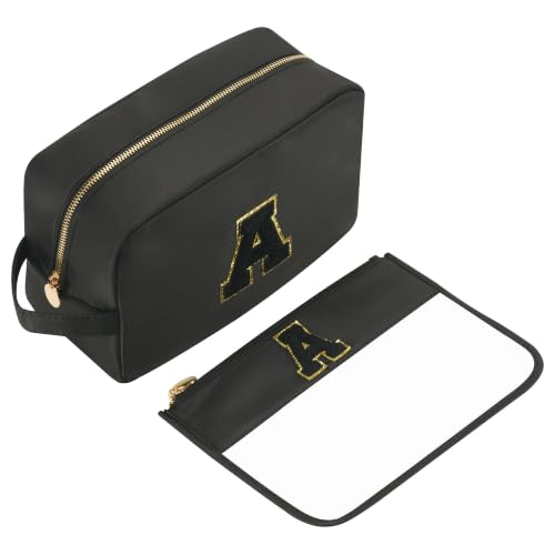 YogoRun Black 2pcs Travel Makeup Bags Set with Glitter Letter