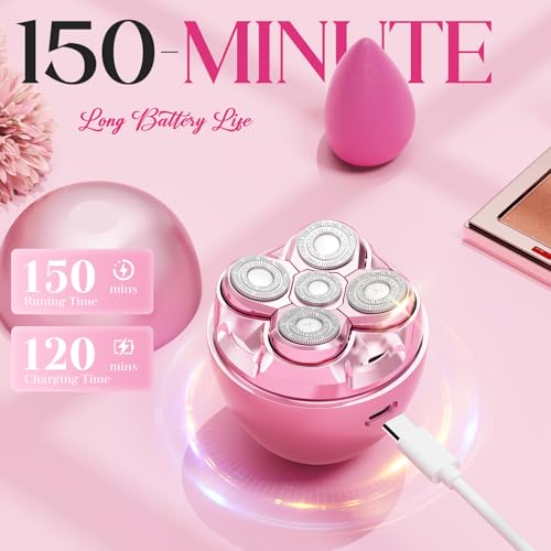 Electric Razor for Women Legs, 5D Floating Rotary Shaver Hair Remover, Wet/Dry Face & Body Shaver for Arms, Bikini and Underarms, Portable Travel Mini Size for Her, ShellPink