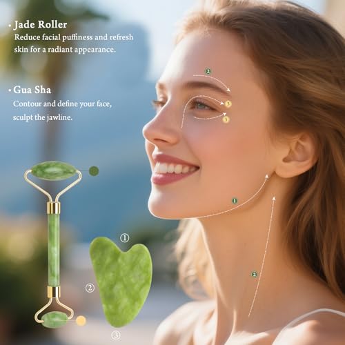 Jade Roller & Gua Sha Set for Facial Massage and Skincare