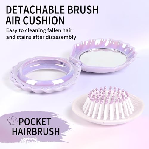 Purple Foldable Travel Hair Brush with Mirror - Compact Shell Design, Portable & Shiny Finish