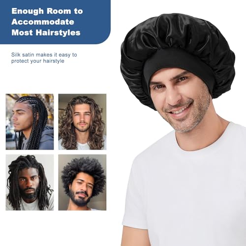 Selalu Men's Double Layer Silk Satin Sleep Bonnet - Adjustable, Black