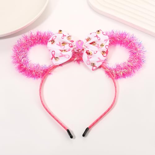 Breast Cancer Awareness Headband - Pink Ribbon Mouse Ears with Bow