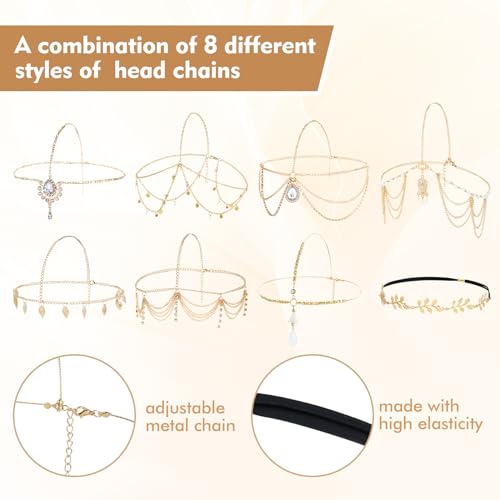 Dizila Gold Head Chains for Women - 8 Pieces with Rhinestones & Pearls