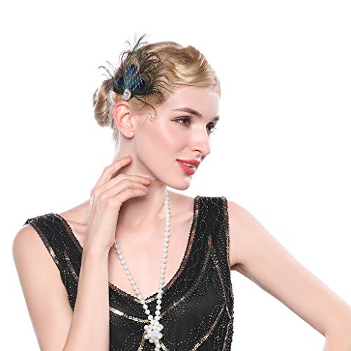 1920s Flapper Peacock Feather Hair Clip with Crystals for Prom Party