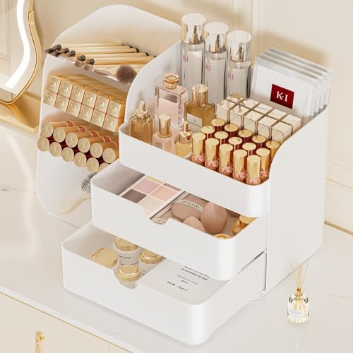 Large Makeup Organizer for Vanity with Drawers and Brush Holder, White
