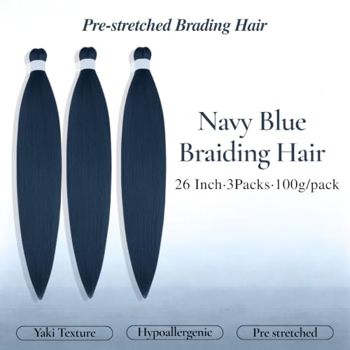 Leticia Navy Blue Pre-Stretched Braiding Hair - 26 Inch, Pack of 3