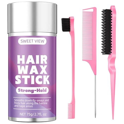SWEET VIEW Hair Wax Stick & Slick Back Hair Brush for Tame Flyaways, Frizz, Sleek Ponytails, Buns | Pomade/Balm/Gel Stick for Woman, Styling Accessories for Girls