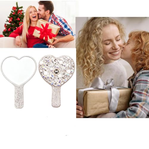 Frinnovan Large White Rhinestone Heart Handheld Mirror with Handle - Glamour Cosmetic Mirror (Large-White)