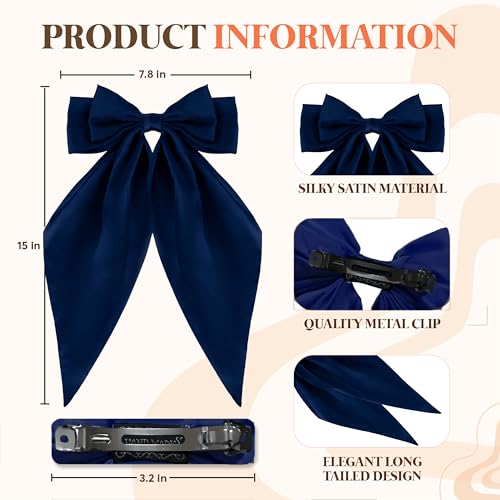 Navy Blue Silk Hair Bows 3P with Barrette Clips - Oversized Long Tail Coquette Style