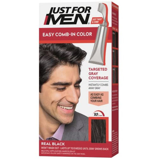 Just For Men Easy Comb-In Color (Formerly Autostop), Gray Hair Coloring for Men with Comb Applicator Included, Easy No Mix Application - Real Black, A-55 (Packaging May Vary)