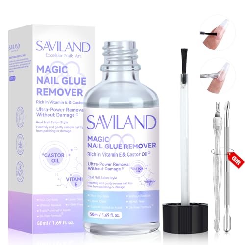 SAVILAND Blue Brush-On Nail Glue Remover 50mL with Pusher & Nail Fork, Gentle Formula