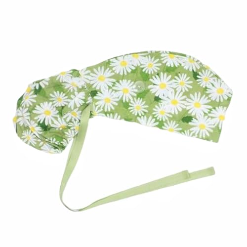 Aoolii Care Green Chrysanthemum Scrub Cap with Buttons & Sweatband - Adjustable Tie Back, One Size