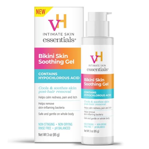 vH essentials Bikini Skin Soothing Gel with Hypochlorous Acid 3 oz. - Cools & soothes skin post-hair removal - Calms redness, pain, itch and irritation from razor bumps.