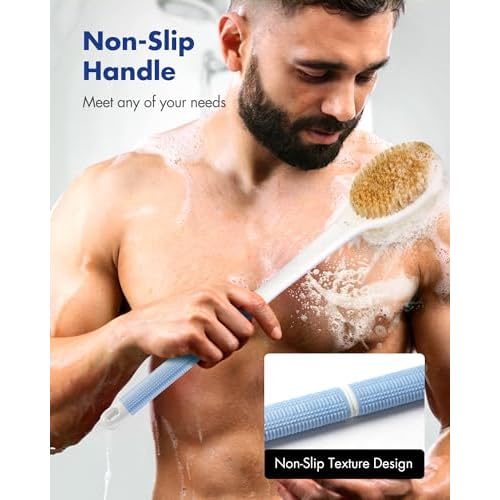 Back Scrubber Body Shower Brush: Anti Slip Long Handle Bath Brush with Stiff and Soft Bristles - Showering Exfoliator Wet or Dry Brushing for Women, Men, Elderly (Blue)