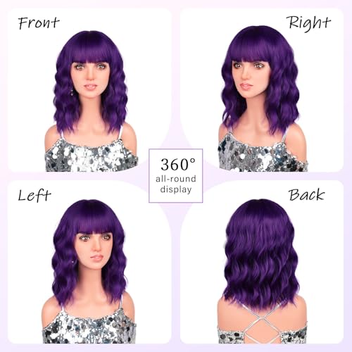 Cielo Hair 14 Inch Dark Purple Short Bob Wig with Bangs for Women & Girls